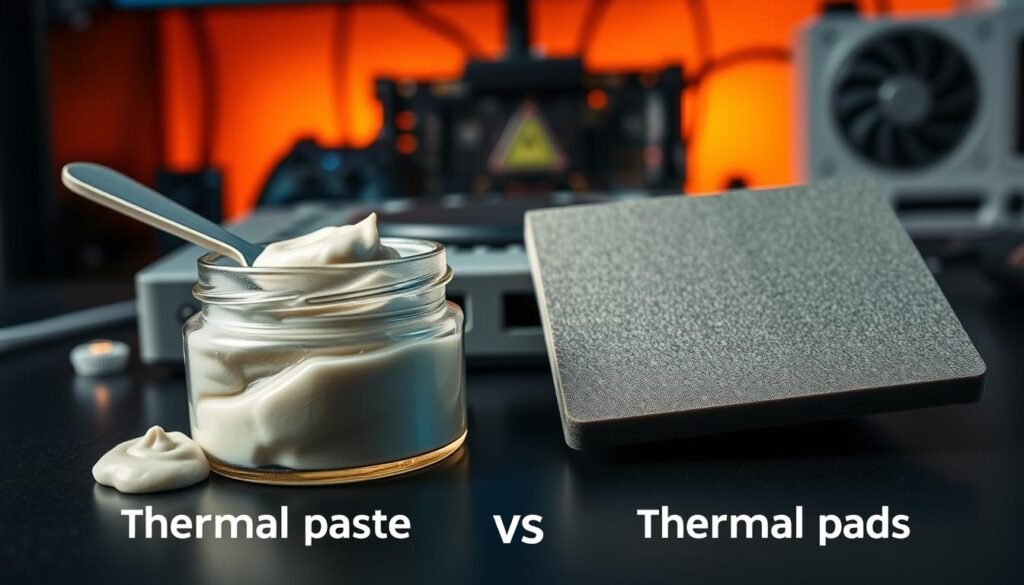 A detailed comparison image illustrating thermal paste and thermal pads side by side, with thermal paste depicted in a small jar with a spatula, showcasing its thick, viscous texture, while a thermal pad lies flat next to it, highlighting its smooth, even surface. The foreground emphasizes both materials prominently, with their textures sharply in focus. In the middle ground, include a partially disassembled gaming console to symbolize their application in gaming devices. The background should feature a softly blurred gaming setup under warm, ambient lighting to create an inviting atmosphere. Use a wide-angle lens perspective to capture the full scene, ensuring a professional and informative vibe, free from any text or watermarks.