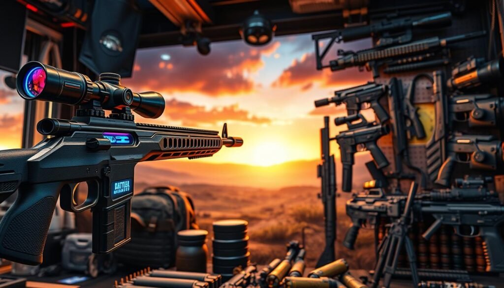 A detailed display of a diverse collection of battle royale weapons and equipment, showcasing an array of futuristic guns, melee weapons, and tactical gear designed for intense gameplay. In the foreground, a sleek sniper rifle shines under dynamic lighting, with a holographic sight reflecting vibrant colors. To the side, the latest assault rifles and grenades are neatly arranged, exuding a sense of readiness. The middle ground features a rugged backpack filled with supplies, and specialized armor sets displayed in a visually appealing manner. The background is a blurred battlefield landscape, hinting at an action-packed environment. The overall mood is intense and electrifying, capturing the excitement of a high-stakes battle royale game, illuminated by a dramatic sunset glow.
