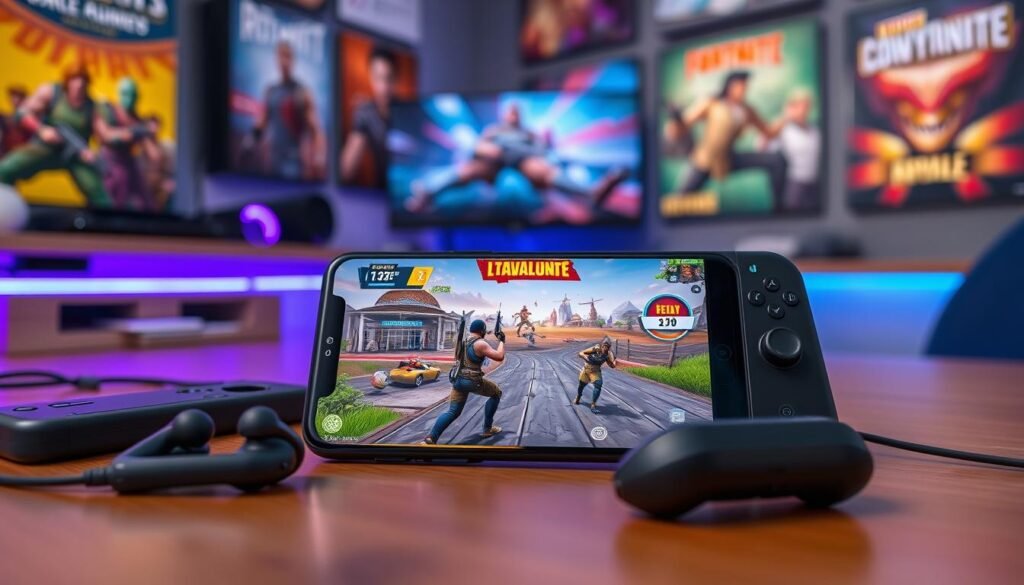 A sleek, modern mobile gaming setup featuring a high-performance smartphone with a vibrant display. In the foreground, showcase the smartphone prominently displaying a visually striking scene from a battle royale game. Surround the phone with essential gaming accessories like wireless earbuds, a portable charger, and a cool gaming controller. In the middle ground, capture a stylish gaming desk with ambient LED lighting in varying shades of blue and purple, reflecting the excitement of gaming culture. The background should include a lively room with posters of popular games, creating an engaging, competitive atmosphere. Use soft, focused lighting to highlight the smartphone and accessories, while creating a sense of depth and energy.