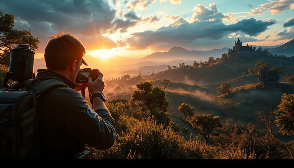 A dynamic scene depicting a video game character in an immersive open-world environment, utilizing a "Photo Mode" feature. The foreground features the character, dressed in tactical gear with various gadgets, capturing a breathtaking landscape with a camera. In the middle ground, vibrant, lush scenery reflects the game's artistry with detailed vegetation, mountains, and an expansive sky. The background reveals a distant castle, partially shrouded in mist, enhancing the mysterious atmosphere. Dramatic lighting casts soft shadows, creating depth and intrigue as the sun sets, bathing the scene in warm hues. The overall mood evokes a sense of exploration and discovery, perfect for highlighting hidden tips within the game.
